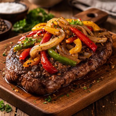 Image of Steak Topped with Peppers and Onions