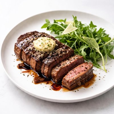 Image of Steak with Parmesan Butter Balsamic Glaze and Arugula