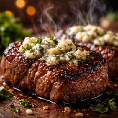Image of Steaks Topped with Bleu Cheese