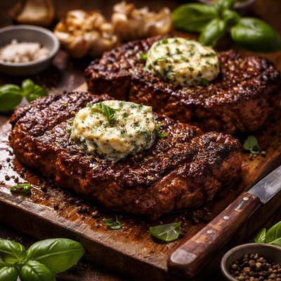 Image of Steaks with Basil Blue Cheese Butter
