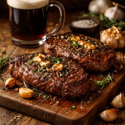 Image of Steaks with Stout Beer and Garlic