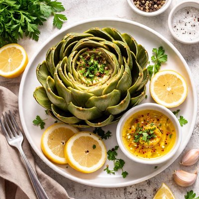 Image of Vegan Steamed Artichoke with Lemon Butter