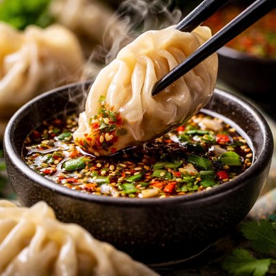 Image of Steamed Chinese Dumplings Dipping Sauce