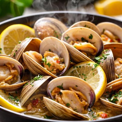Image of Steamed Clams in a Beer Lemon and Garlic Broth