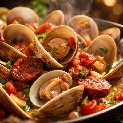 Image of Steamed Clams with Chorizo and Tomatoes