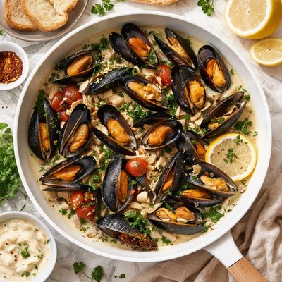 Image of Steamed Fresh Mussels in a Creamy Broth