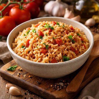 Image of Steamed Long Grain Rice with Tomato and Garlic
