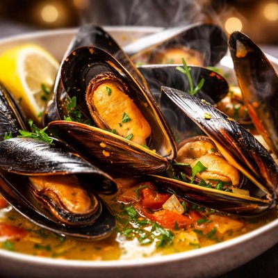 Image of Steamed Mussels in Saffron Wine Broth