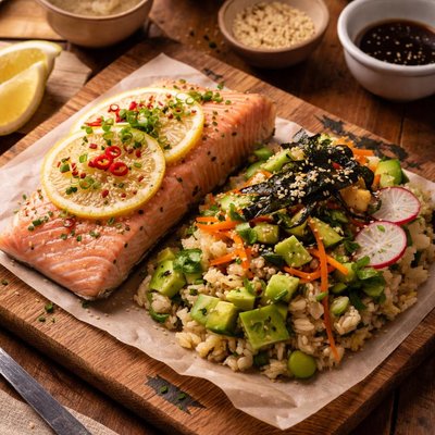 Image of Steamed Ocean Trout or Salmon with Suchi Salad Low Fat