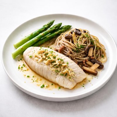 Image of Steamed Orange Roughy with Buckwheat Noodles and Asparagus Mushr