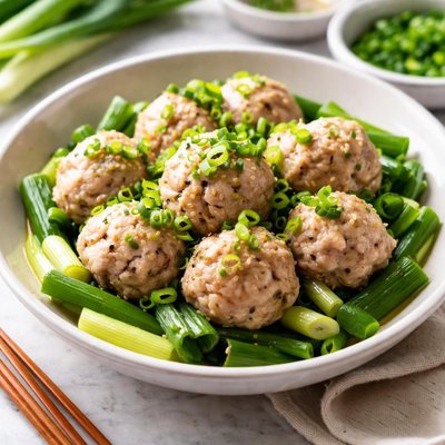 Image of Steamed Pork Balls and Spring Onions Green Onions