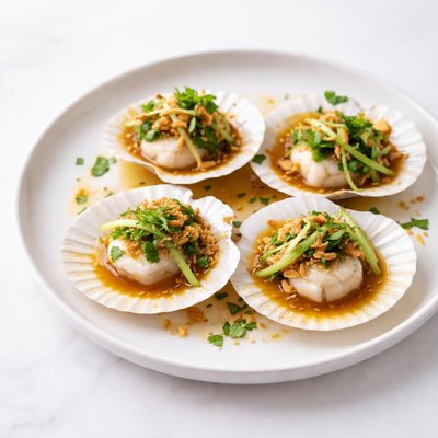 Image of Steamed Scallops with Ginger Soy and Sesame Scallions