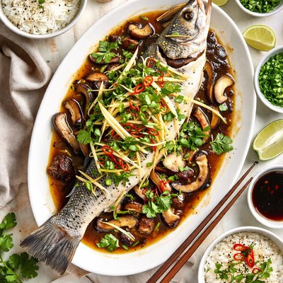 Image of Steamed Sea Bass with Ginger and Shiitakes