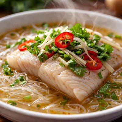 Image of Steamed Tilapia Over Cellophane Noodles with a Miso Broth