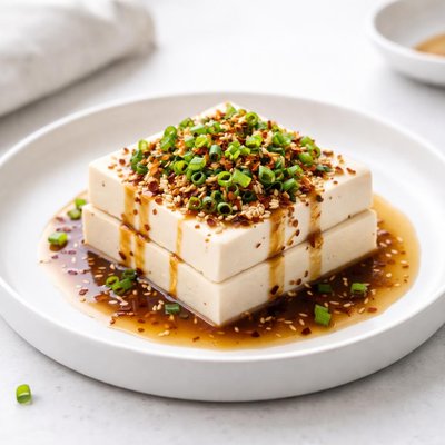 Image of Tofu al vapor con salsa de soja y jengibre.