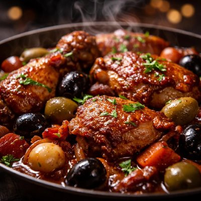 Image of Stewed Chicken with Red Wine and Olives