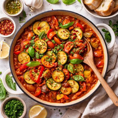 Image of Stewed Zucchini Peppers and Tomatoes