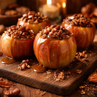 Image of Sticky Maple Pecan Baked Apples with Toffee Fudge Sauce