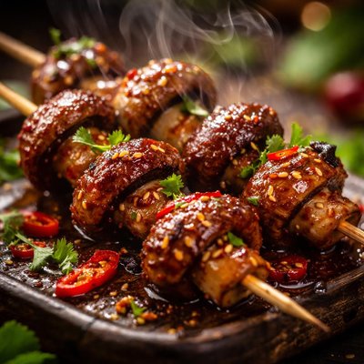 Image of Sticky Spiced Mushroom Skewers