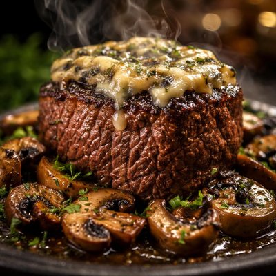 Image of Stilton Topped Fillet with Garlicky Mushrooms