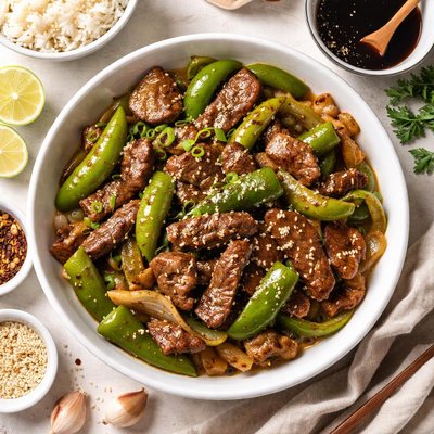 Image of Ternera salteada con pimientos verdes saludable para el corazón.