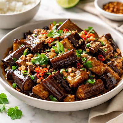 Image of Berenjena salteada sin soja con ajo y salsa de soya