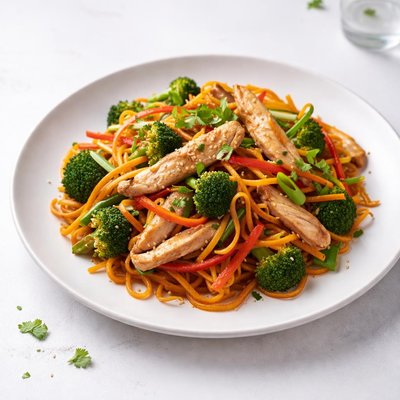 Image of Fideos Salteados sin Gluten con Pollo y Verduras