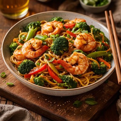 Image of Fideos salteados con verduras y camarones bajos en sodio