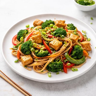 Image of Tallarines salteados con verduras y tofu.