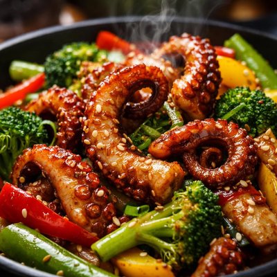 Image of Pulpo salteado con verduras al estilo Keto.