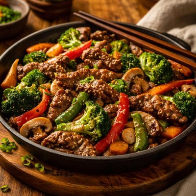 Image of Vegetales salteados con carne sin soja