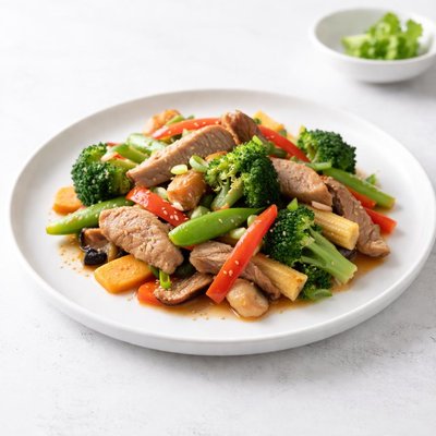 Image of Verduras salteadas veganas con carne