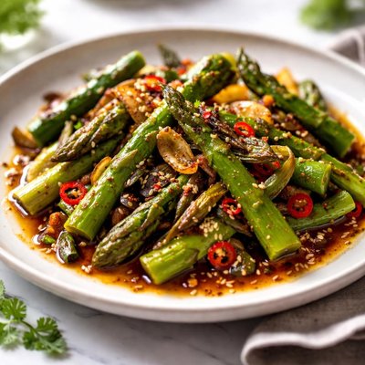 Image of Stir Fried Asparagus with Garlic and Shallots in Chili Oil