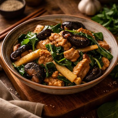 Image of Stir Fried Chicken Black Mushrooms Bamboo Shoots and Spinach