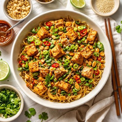 Image of Stir Fried Noodles with Tofu Scallions and Peanuts