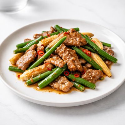 Image of Stir Fried Pork with Green Beans Baby Corn