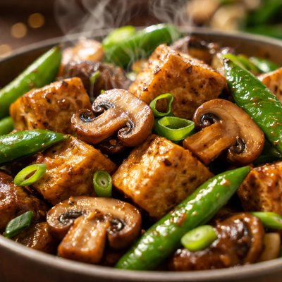 Image of Stir Fried Tofu with Mushrooms Sugar Snap Peas and Green Onion