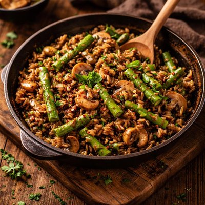 Image of Stir Fried Wild Rice with Asparagus and Mushrooms