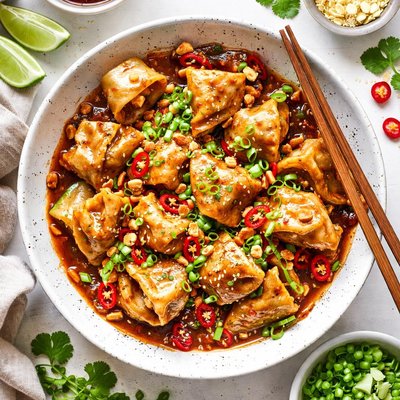 Image of Stir Fried Won Tons with Szechuan Sauce