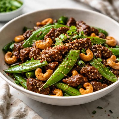 Image of Stir Fry of Hoisin Lamb with Cashews and Snow Peas