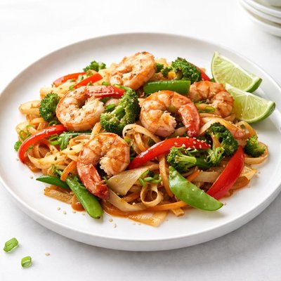 Image of Stir Fry Prawns Shrimps with Vegetables and Fresh Thai Noodles