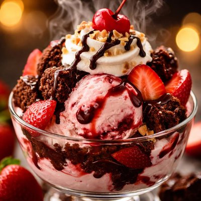 Image of Strawberry Brownie Ice Cream Sundae