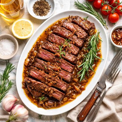 Image of Strip Steak with Rosemary Bourbon Sauce