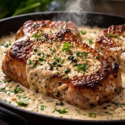 Image of Chuletas de cerdo suculentas bajas en sodio con salsa cremosa de hierbas