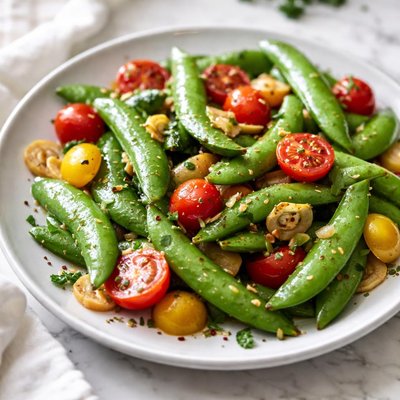 Image of Sugar Snap Peas with Tomatoes and Garlic