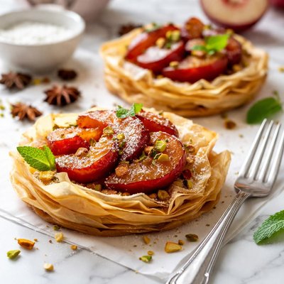 Image of Sugared Pluots on Crisp Anise Scented Phyllo
