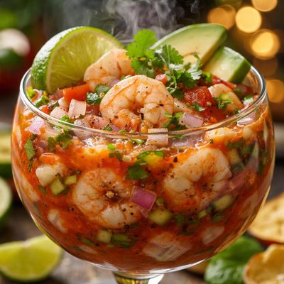 Image of Summer Mexican Shrimp Cocktail Served in a Large Glass