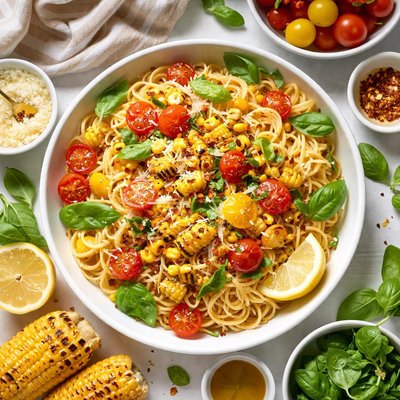 Image of Summer Pasta with Corn Tomatoes and Basil