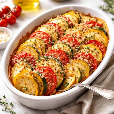 Image of Summer Squash Gratin with Tomatoes Parmesan and Fresh Thyme