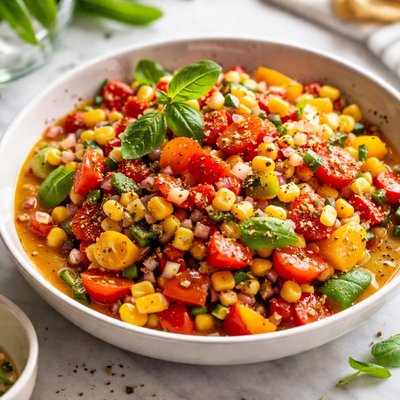 Image of Summer Tomato Corn Salsa Cruda Raw Sauce for Pasta